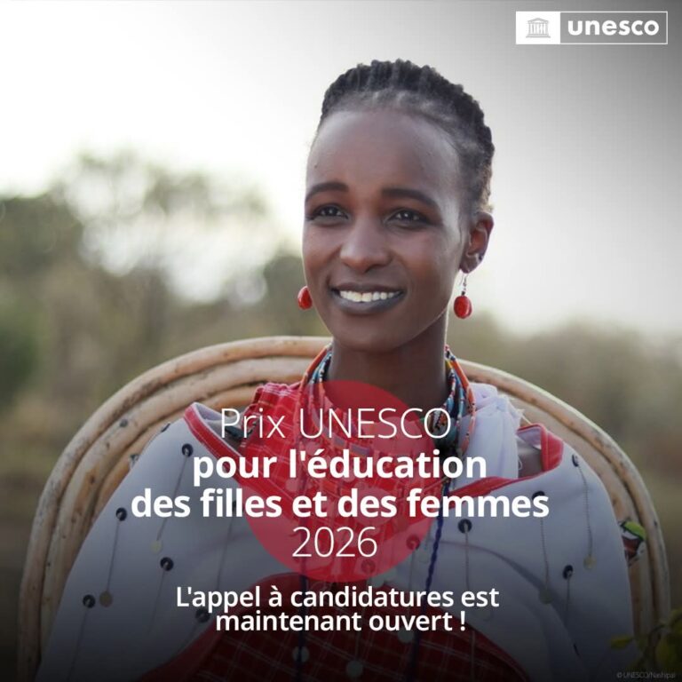 Appel à candidatures 2026 pour le Prix UNESCO pour l’éducation des filles et des femmes, ouvert jusqu’au 26 mai 